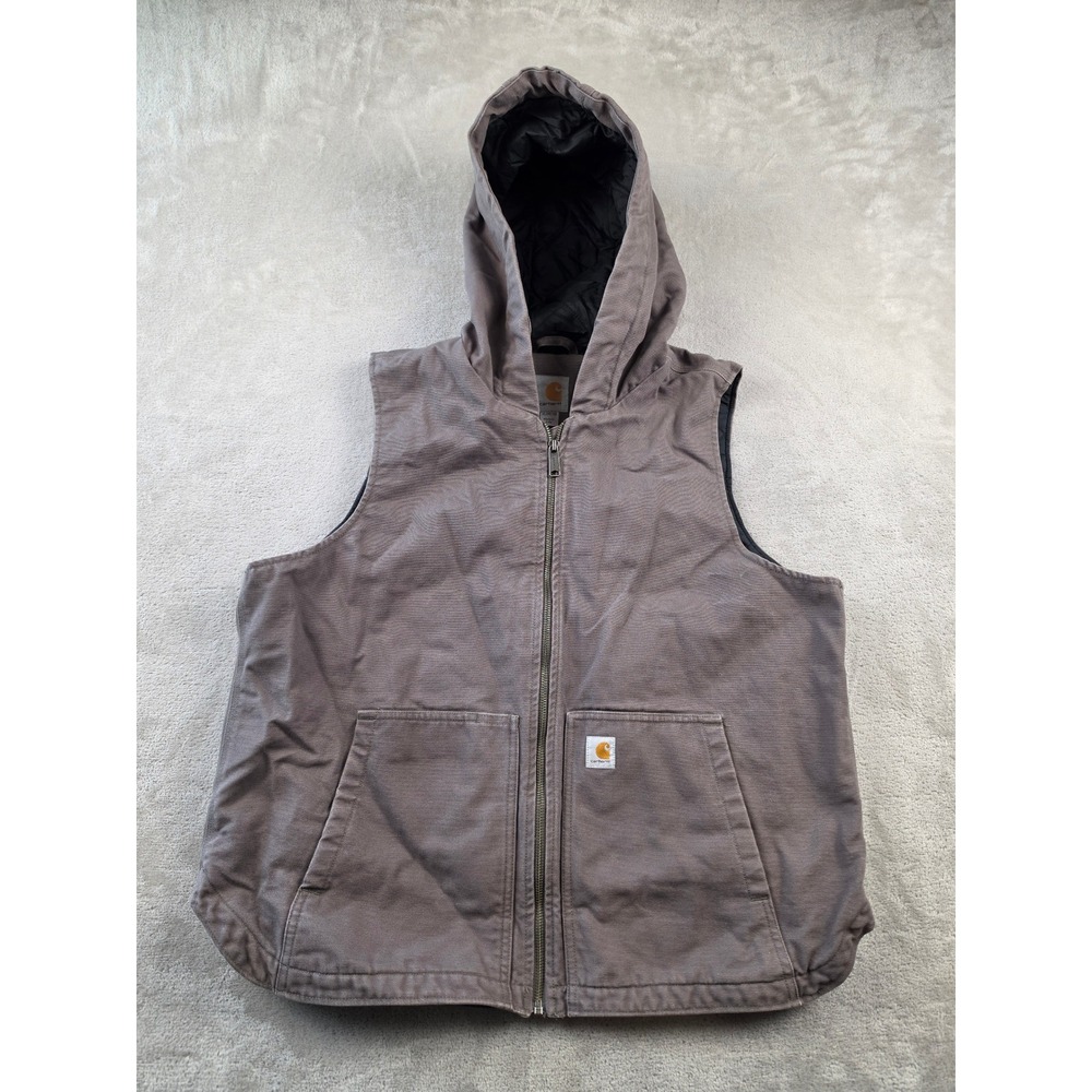 Carhartt Hooded Canvas Vest Womens XL 16/18 Brown Quilt Lined Full Zip 104026